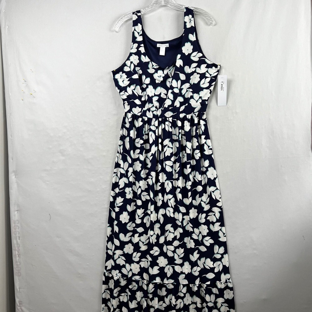 London Times Maxi Dress Large Navy Blue White Floral Sleeveless Scoop Neck